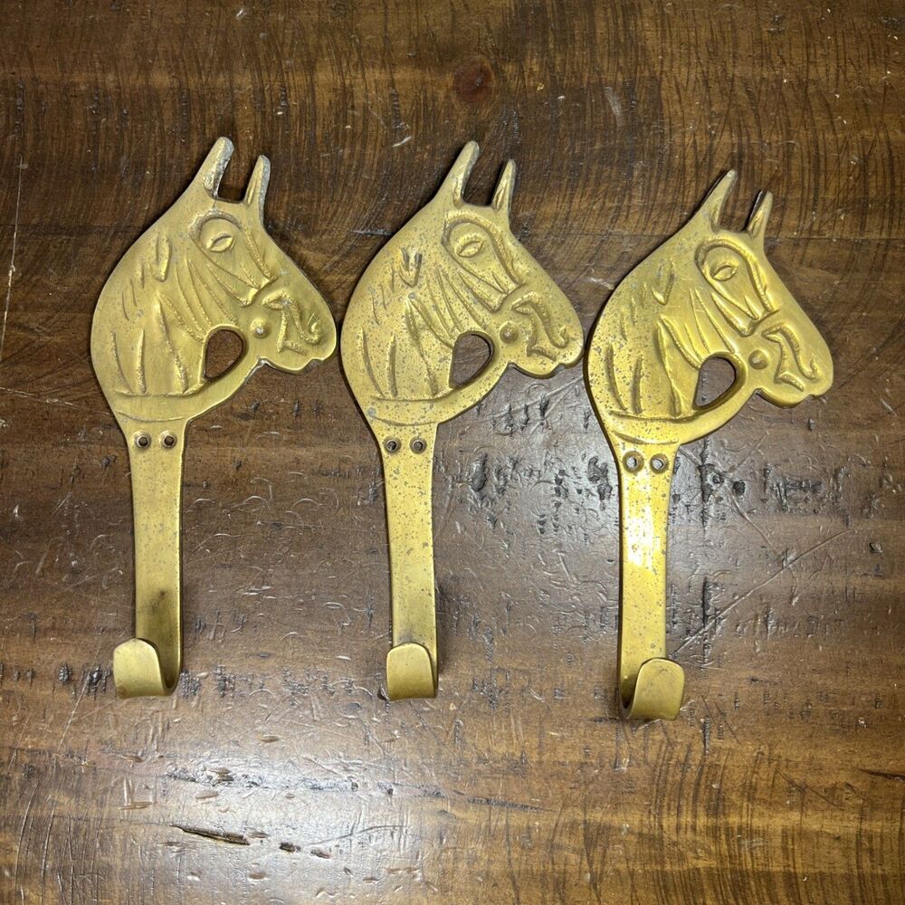 Vintage Brass Horse Head Wall Hanger Hooks Set of 3 Equestrian Tack Coat Hat